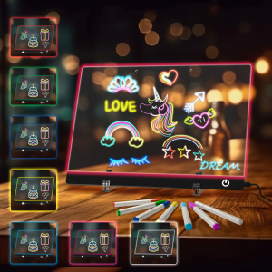 Led Note Board with 7 Colors 13.7"X10", Acrylic Dry Erase Board with Light, Touch Control Doodle Glow Drawing Board with 5 Modes, LED Drawing Board for Kids with Invisible Stand, 7 Markers